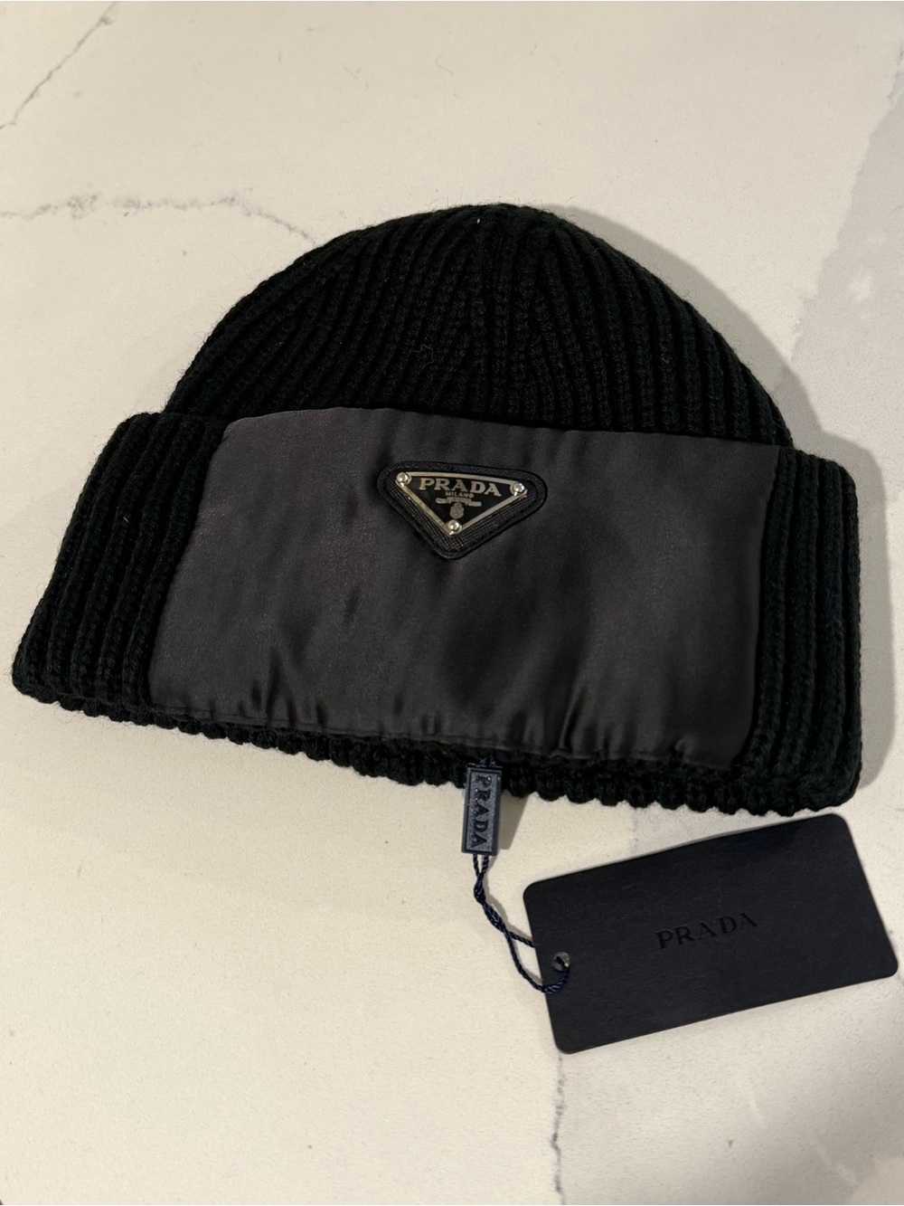 Prada Black Ribbed Knit Beanie with Triangular Logo Patch